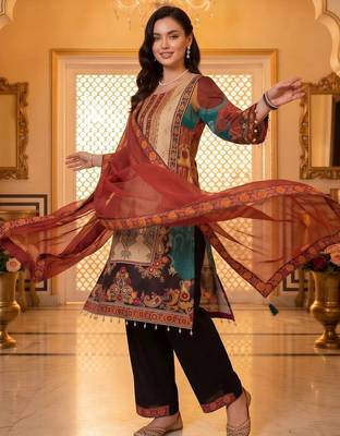women ethnic motifs printed regular mirror work kurta with palazzos & with dupatta 1