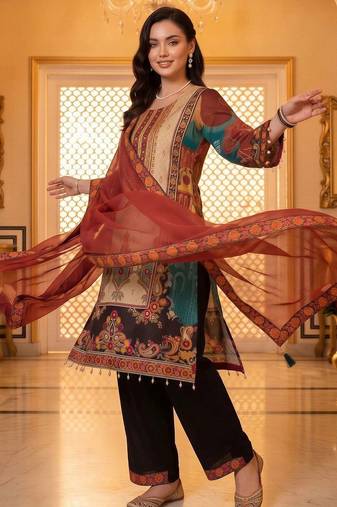 women ethnic motifs printed regular mirror work kurta with palazzos & with dupatta