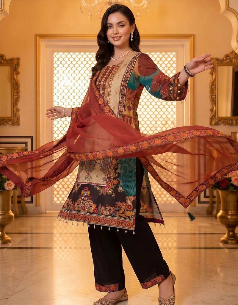 women ethnic motifs printed regular mirror work kurta with palazzos & with dupatta