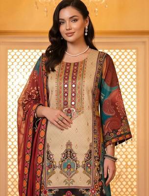 women ethnic motifs printed regular mirror work kurta with palazzos & with dupatta 2