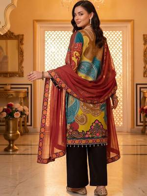 women ethnic motifs printed regular mirror work kurta with palazzos & with dupatta 4