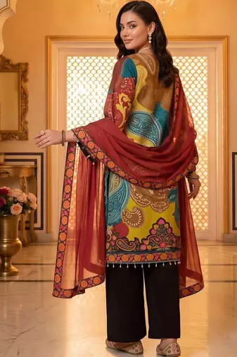 women ethnic motifs printed regular mirror work kurta with palazzos & with dupatta
