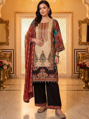 women ethnic motifs printed regular mirror work kurta with palazzos & with dupatta 6