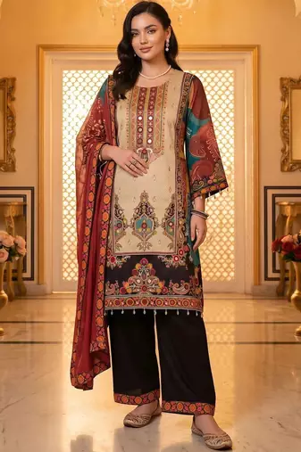 women ethnic motifs printed regular mirror work kurta with palazzos & with dupatta