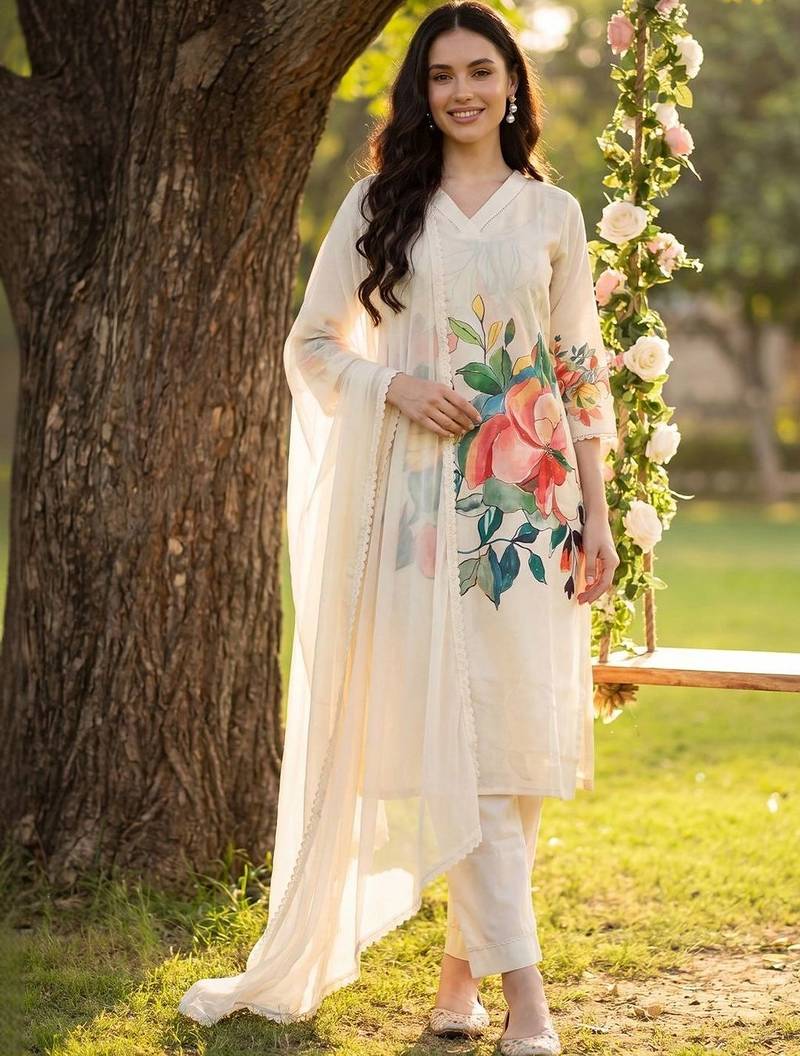 women floral printed regular kurta with trousers & with dupatta