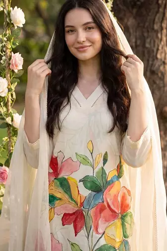 women floral printed regular kurta with trousers & with dupatta