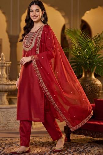 women ethnic motifs embroidered regular thread work liva kurta with trousers & with dupatta