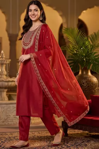 women ethnic motifs embroidered regular thread work liva kurta with trousers & with dupatta