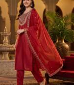women ethnic motifs embroidered regular thread work liva kurta with trousers & with dupatta