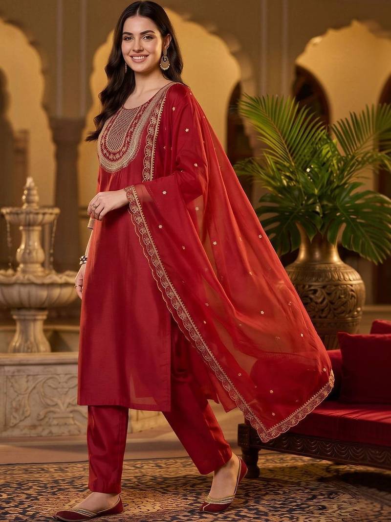 women ethnic motifs embroidered regular thread work liva kurta with trousers & with dupatta