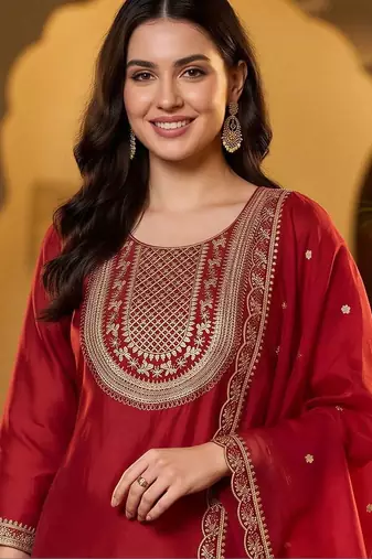 women ethnic motifs embroidered regular thread work liva kurta with trousers & with dupatta