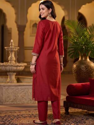 women ethnic motifs embroidered regular thread work liva kurta with trousers & with dupatta 4