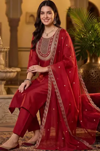 women ethnic motifs embroidered regular thread work liva kurta with trousers & with dupatta