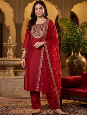 women ethnic motifs embroidered regular thread work liva kurta with trousers & with dupatta 6