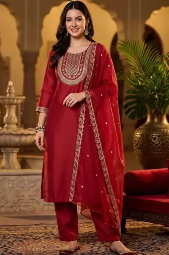women ethnic motifs embroidered regular thread work liva kurta with trousers & with dupatta