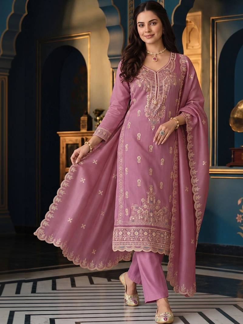 women ethnic motifs embroidered regular thread work kurta with trousers & with dupatta