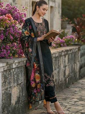 women ethnic motifs embroidered regular thread work cotton kurta with trousers & with dupatta 6