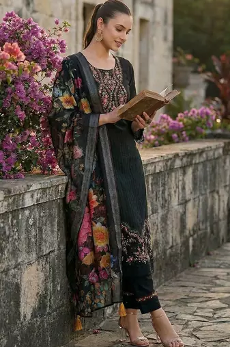 women ethnic motifs embroidered regular thread work cotton kurta with trousers & with dupatta