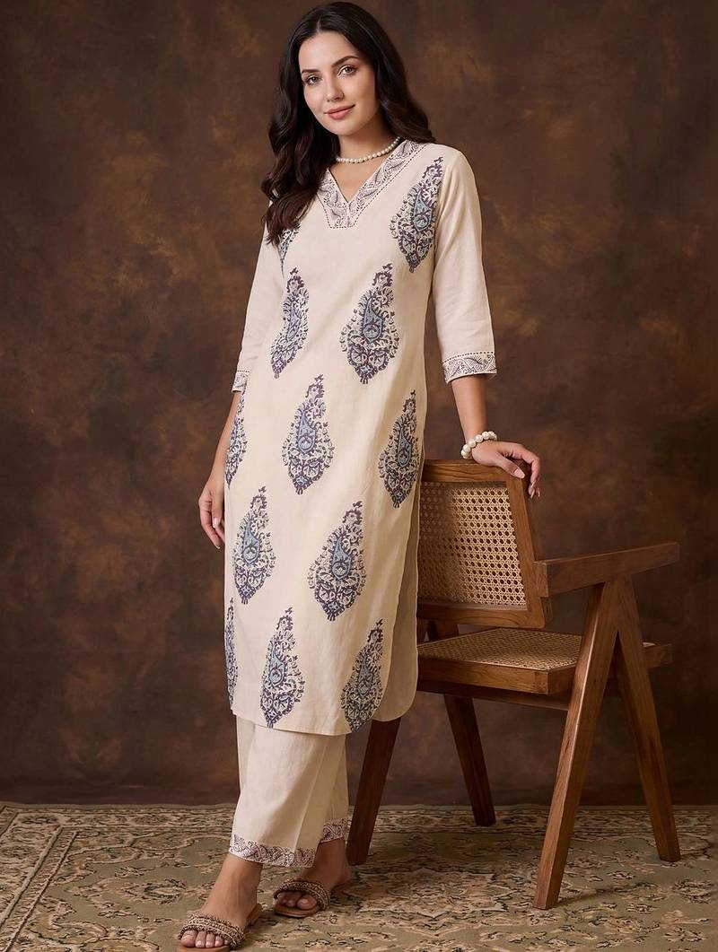 women ethnic motifs printed regular cotton kurta with palazzos