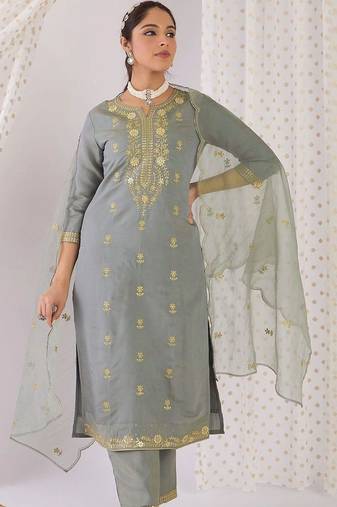 women ethnic motifs embroidered regular kurta with trousers & with dupatta