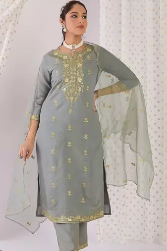 women ethnic motifs embroidered regular kurta with trousers & with dupatta