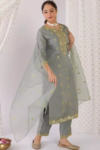 women ethnic motifs embroidered regular kurta with trousers & with dupatta