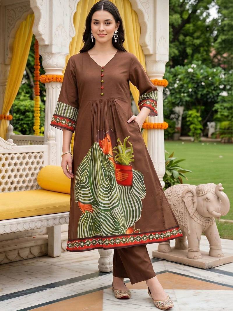 women ethnic motifs printed empire cotton kurta with trousers