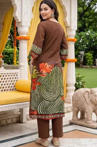 women ethnic motifs printed empire cotton kurta with trousers