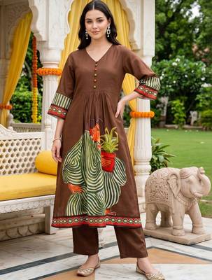 women ethnic motifs printed empire cotton kurta with trousers 6