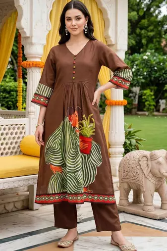 women ethnic motifs printed empire cotton kurta with trousers