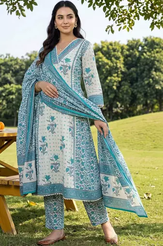 women floral printed panelled beads and stones cotton kurta with trousers & with dupatta