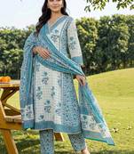 women floral printed panelled beads and stones cotton kurta with trousers & with dupatta