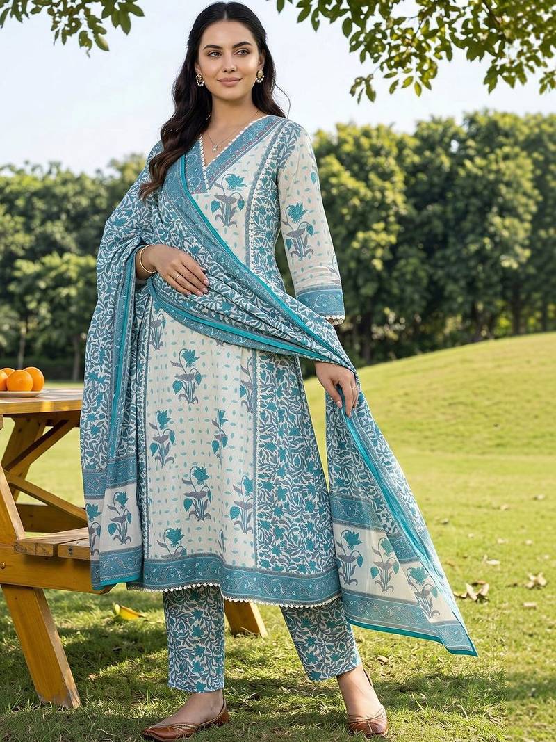 women floral printed panelled beads and stones cotton kurta with trousers & with dupatta