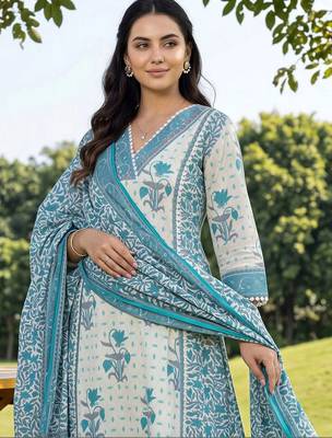 women floral printed panelled beads and stones cotton kurta with trousers & with dupatta 2