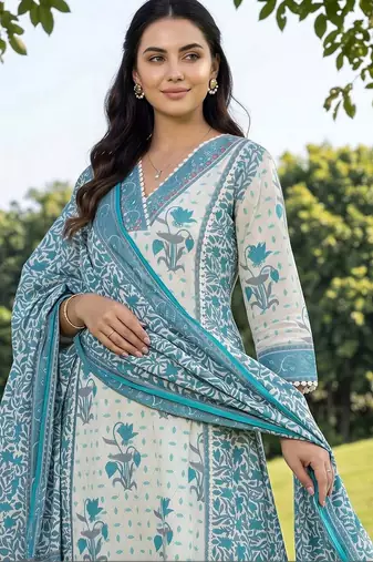 women floral printed panelled beads and stones cotton kurta with trousers & with dupatta