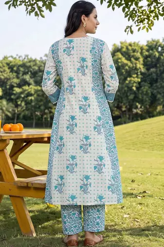 women floral printed panelled beads and stones cotton kurta with trousers & with dupatta