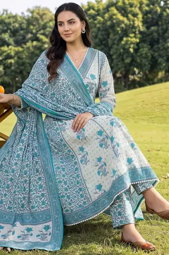 women floral printed panelled beads and stones cotton kurta with trousers & with dupatta
