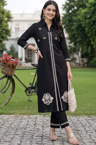 women ethnic motifs embroidered regular thread work cotton kurta with trousers