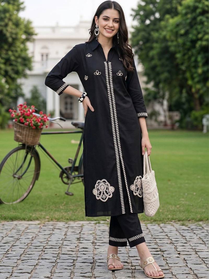 women ethnic motifs embroidered regular thread work cotton kurta with trousers