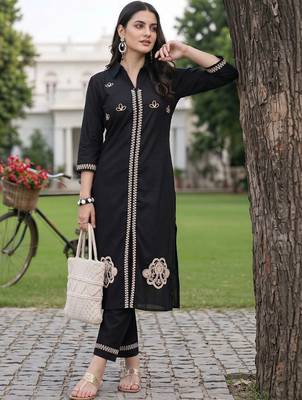 women ethnic motifs embroidered regular thread work cotton kurta with trousers 2