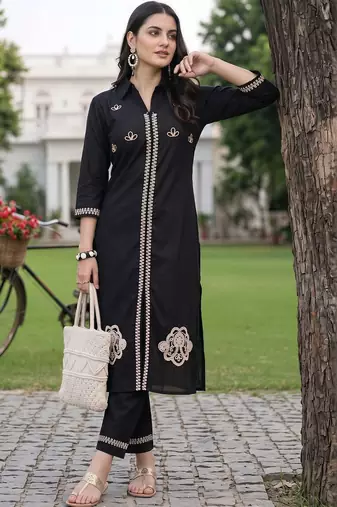women ethnic motifs embroidered regular thread work cotton kurta with trousers
