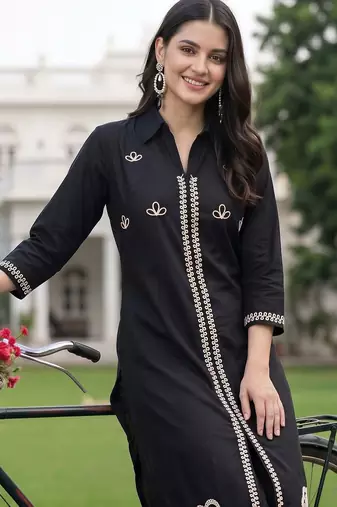 women ethnic motifs embroidered regular thread work cotton kurta with trousers