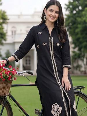 women ethnic motifs embroidered regular thread work cotton kurta with trousers 6