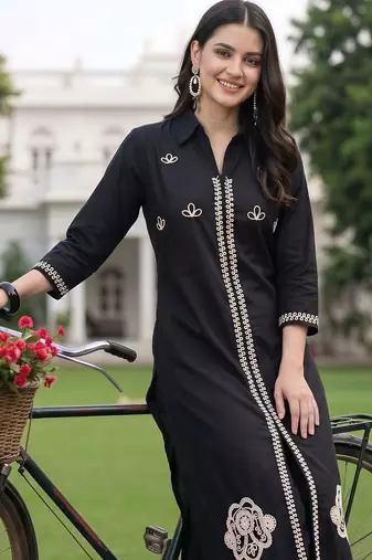 women ethnic motifs embroidered regular thread work cotton kurta with trousers