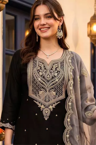 women ethnic motifs embroidered regular thread work kurta with trousers & with dupatta