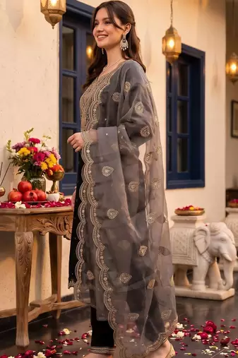 women ethnic motifs embroidered regular thread work kurta with trousers & with dupatta