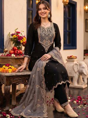 women ethnic motifs embroidered regular thread work kurta with trousers & with dupatta 5