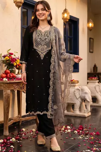women ethnic motifs embroidered regular thread work kurta with trousers & with dupatta