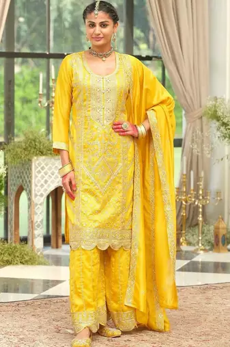 women ethnic motifs embroidered regular thread work kurta with palazzos & with dupatta
