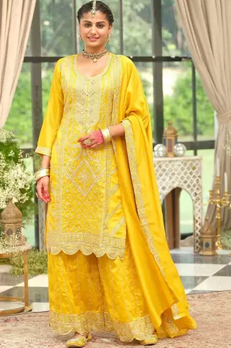 women ethnic motifs embroidered regular thread work kurta with palazzos & with dupatta